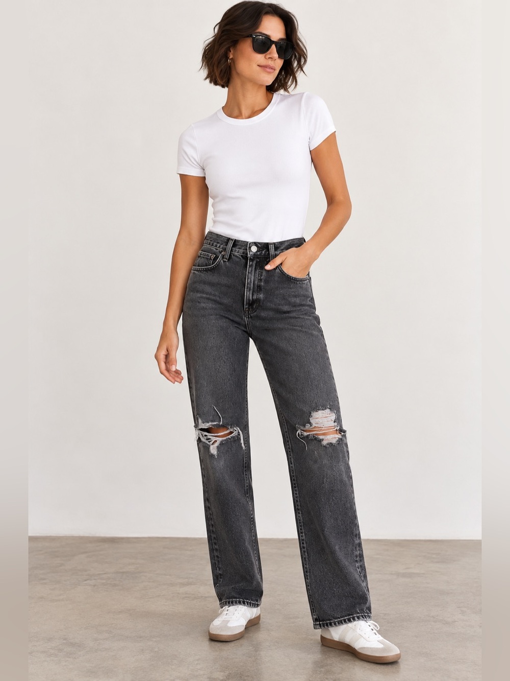 AGOLDE 90s Straight Distressed Jeans Washed Black Ripped Knee Size 24